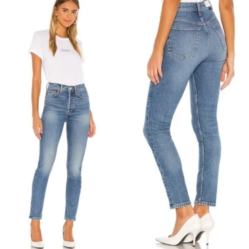 Re/Done Original Medium Fade High Waist Slim Straight Jeans Ankle Crop Size 24